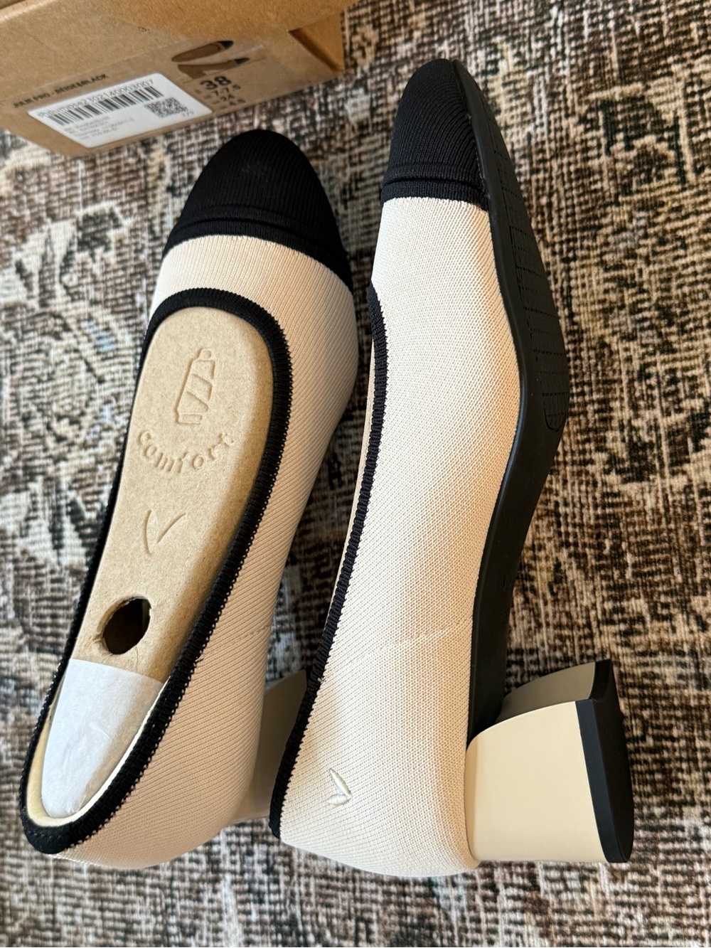 Vivaia Julie Pro Beige and Black Block Heel Pumps โ Women's Comfort Style
